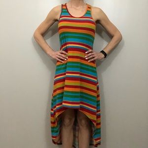 Rainbow stripped high low sun dress.